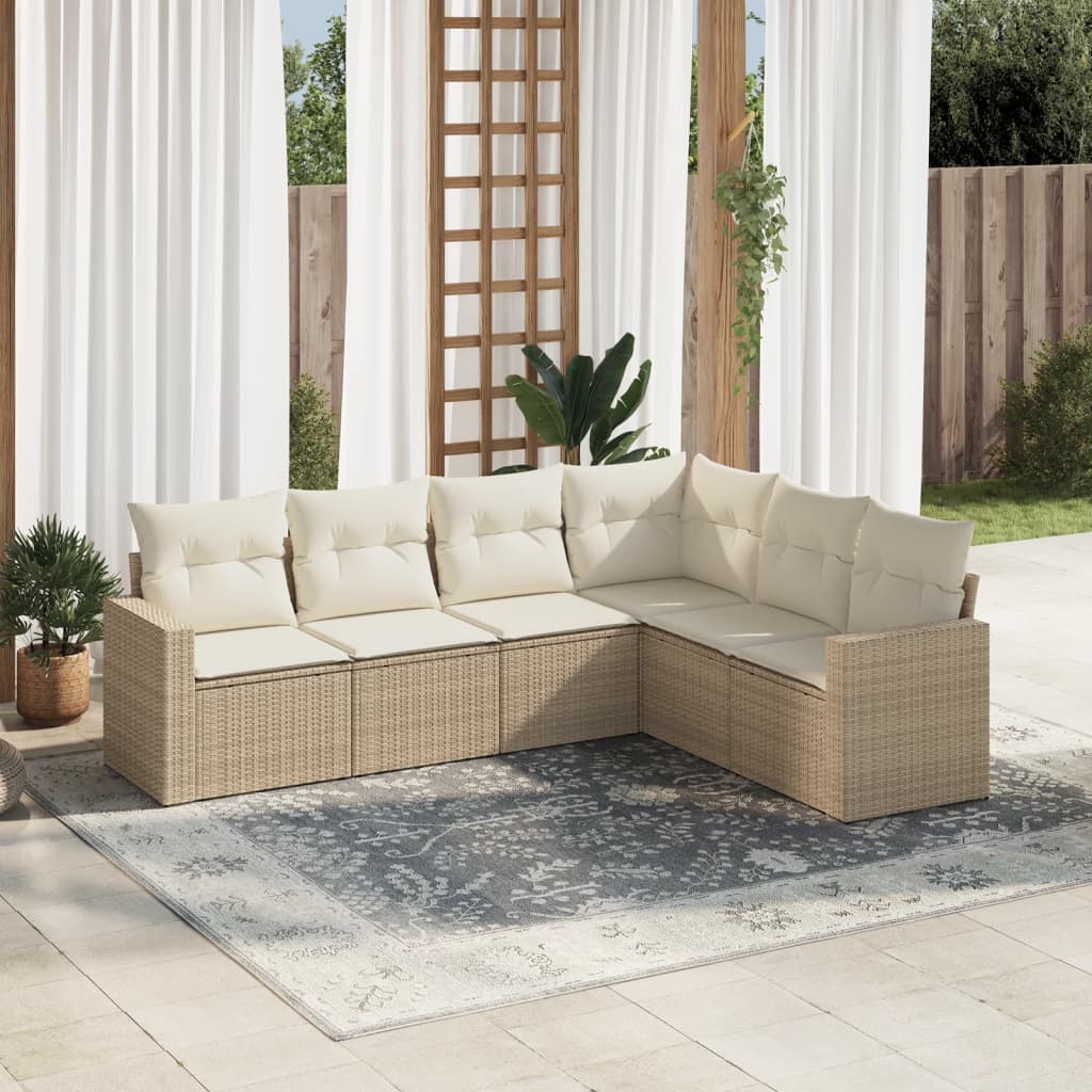 vidaXL 6-tlg. Garten-Sofagarnitur mit Kissen Beige Poly Rattan