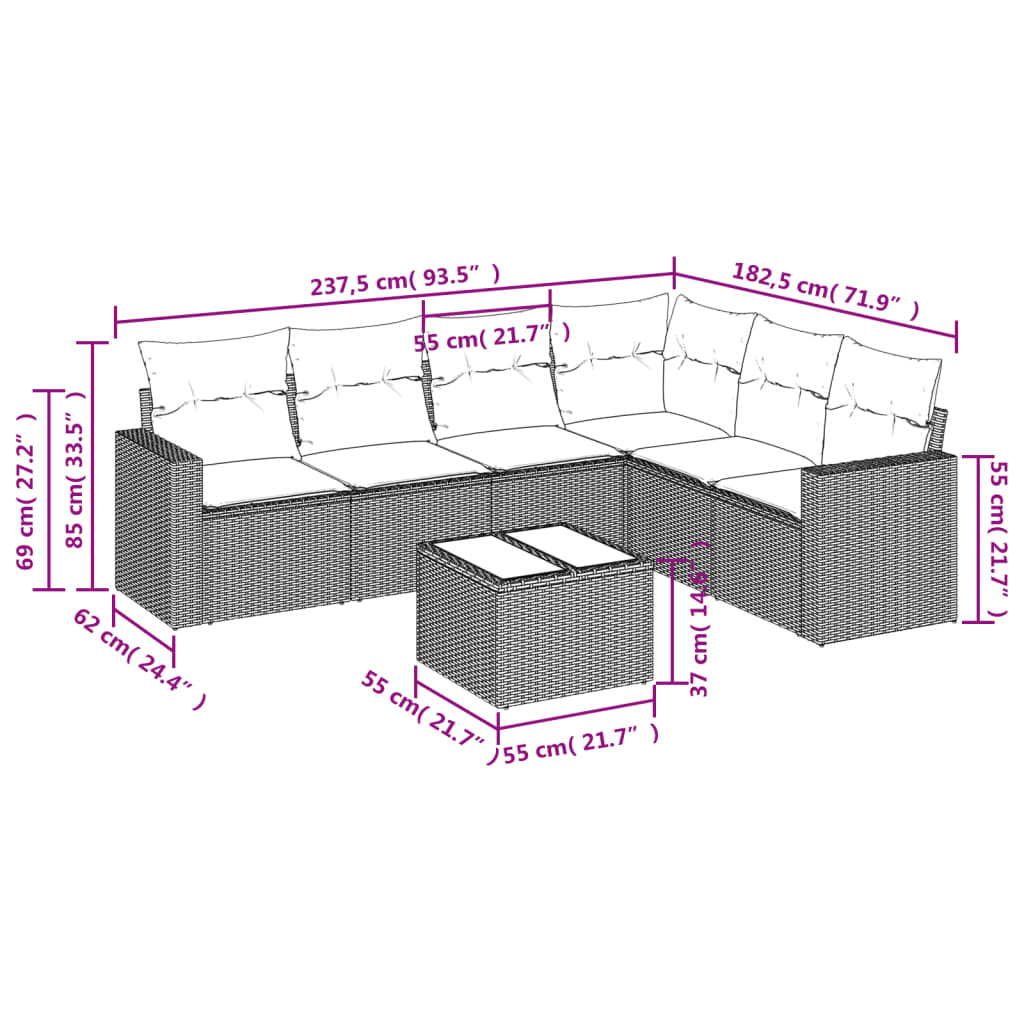 vidaXL 7-delige Loungeset met kussens poly rattan grijs