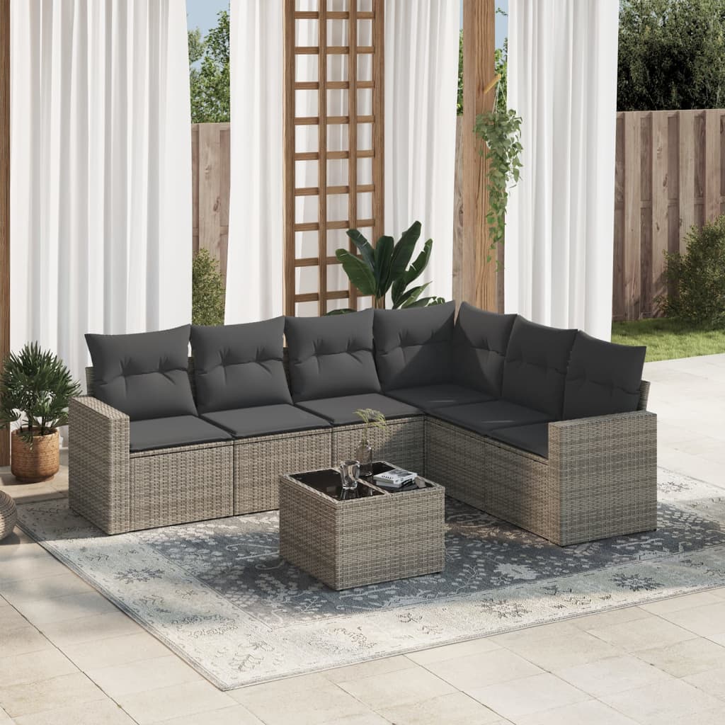 vidaXL 7-tlg. Garten-Sofagarnitur mit Kissen Grau Poly Rattan