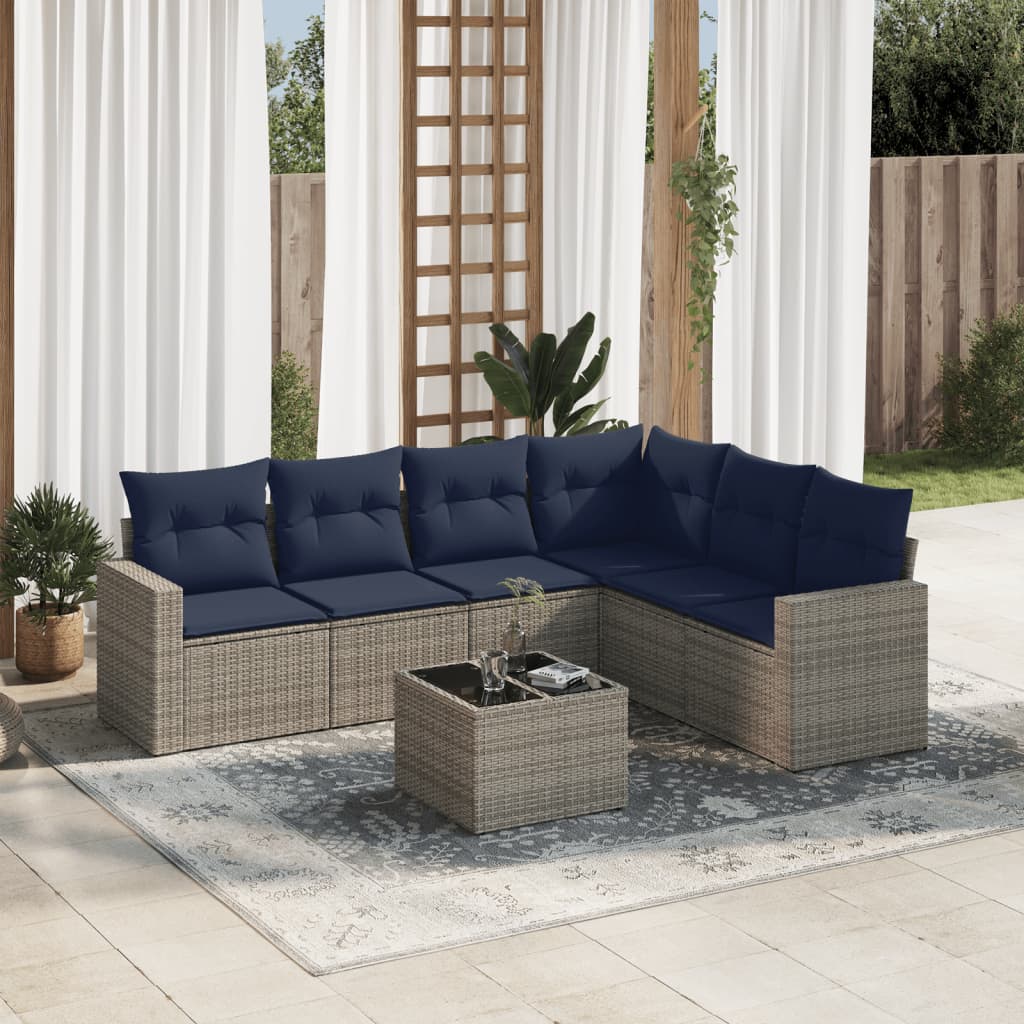 7 Piece Patio Sofa Set with Cushions Gray Poly Rattan