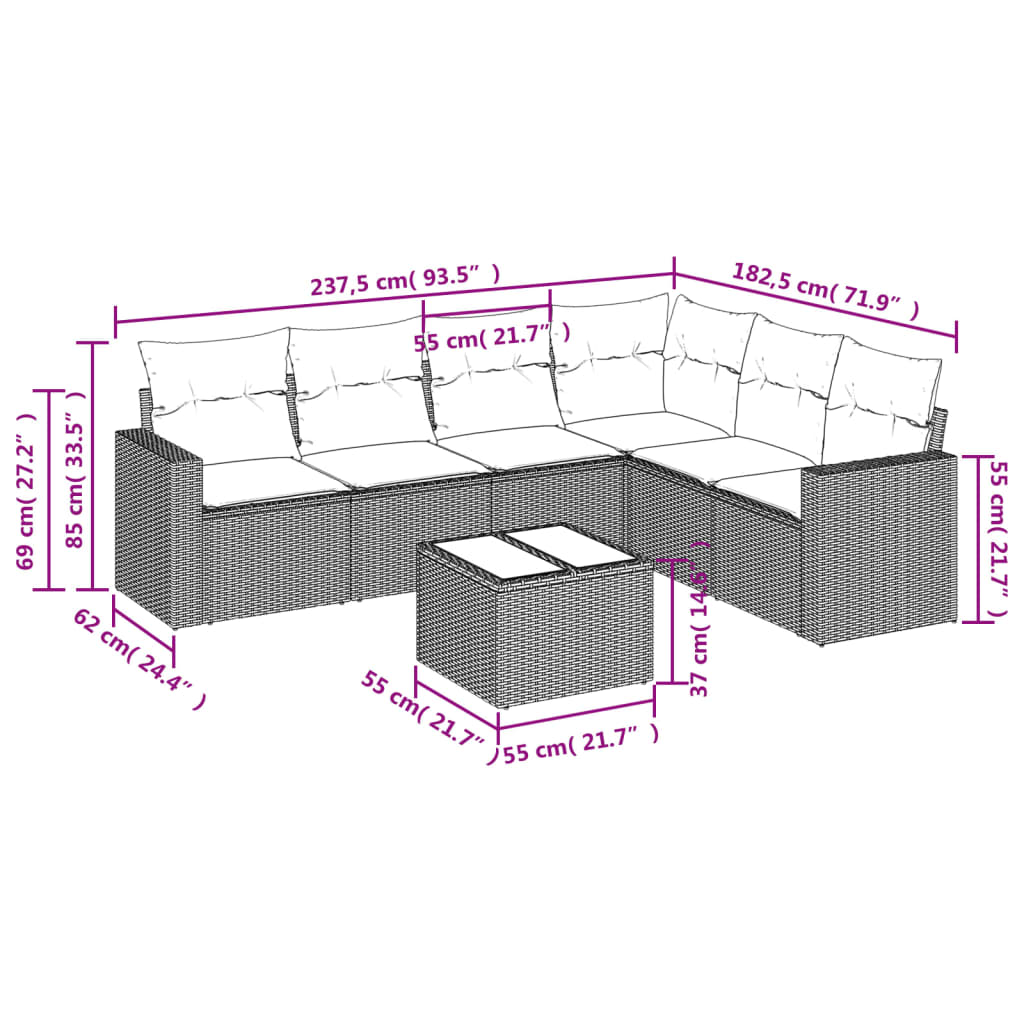 vidaXL 7-delige Loungeset met kussens poly rattan bruin