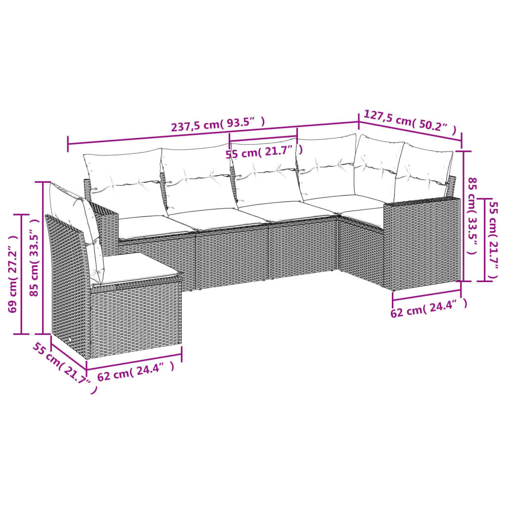 vidaXL 6-delige Loungeset met kussens poly rattan beige afbeelding