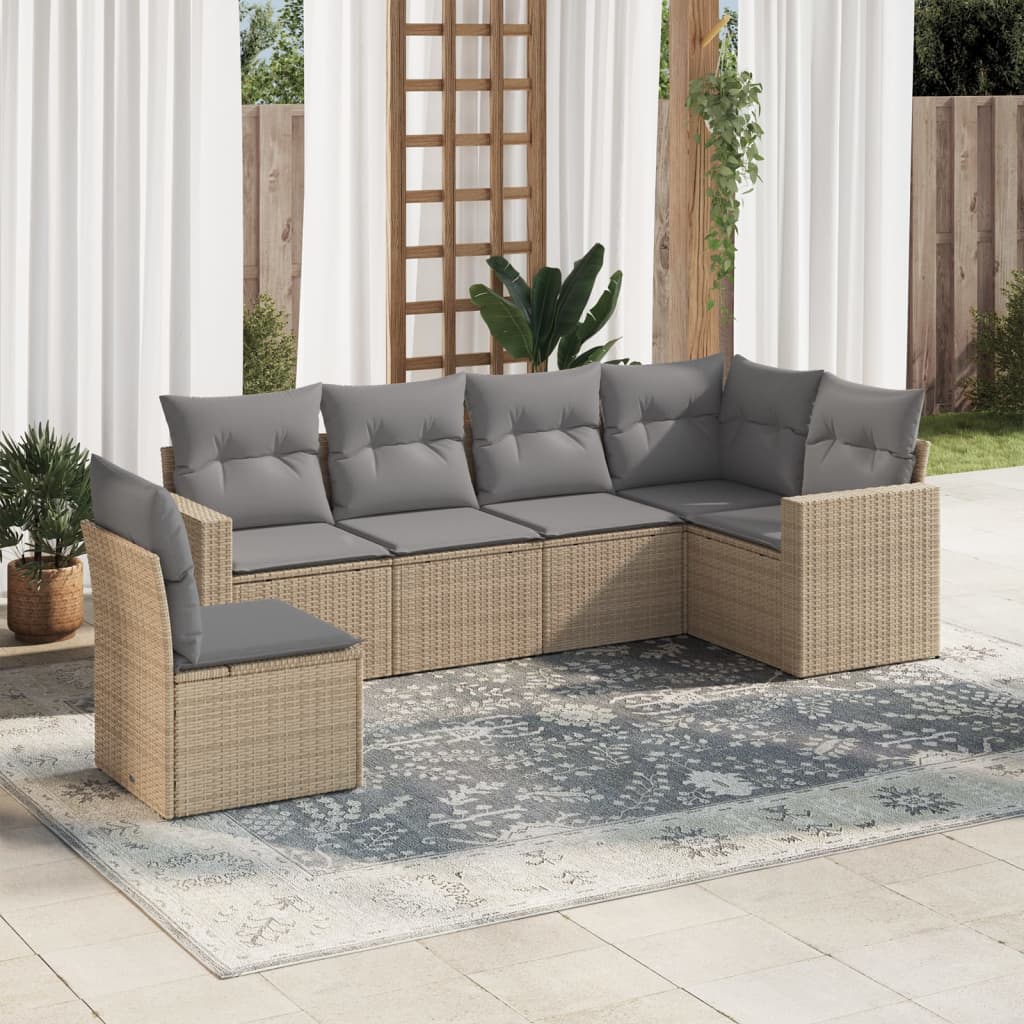 vidaXL 6-tlg. Garten-Sofagarnitur mit Kissen Beige Poly Rattan