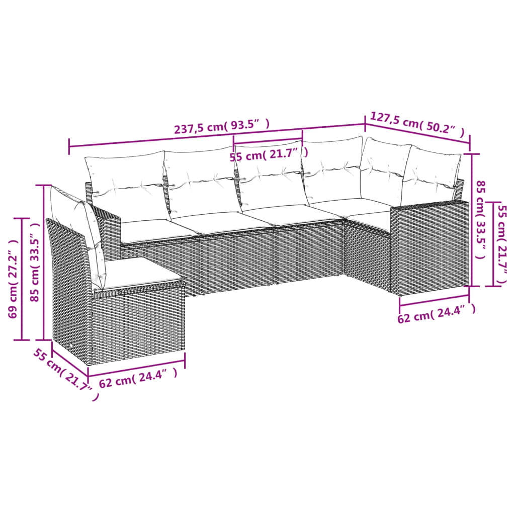 vidaXL 6-delige Loungeset met kussens poly rattan lichtgrijs afbeelding