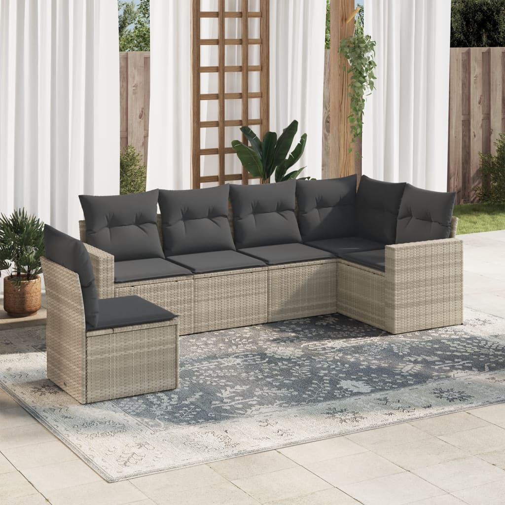 vidaXL 6-tlg. Garten-Sofagarnitur mit Kissen Hellgrau Poly Rattan