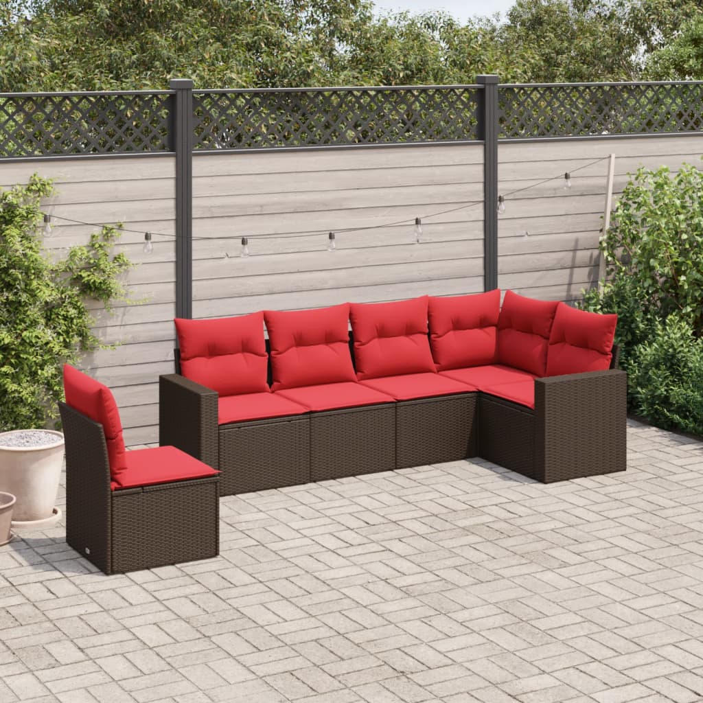 6 Piece Patio Sofa Set with Cushions Brown Poly Rattan