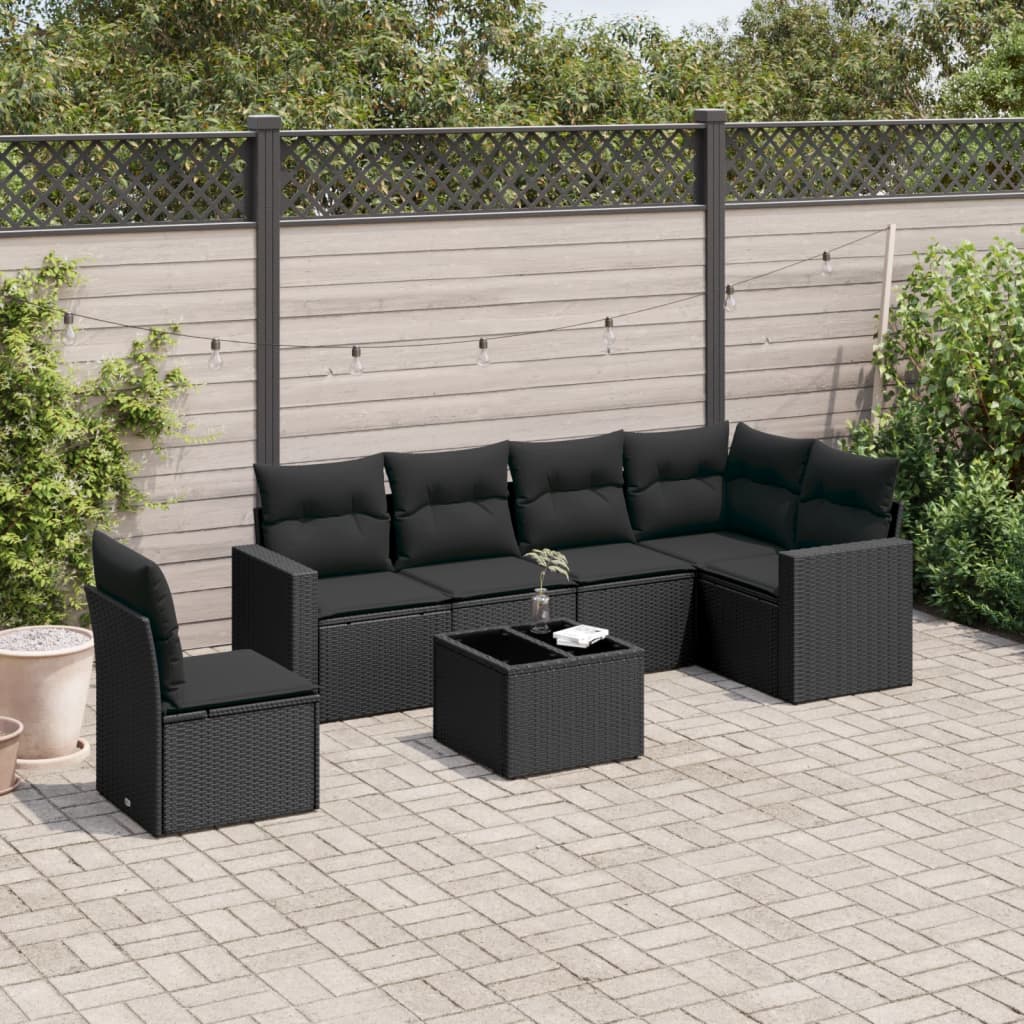 vidaXL 7-tlg. Garten-Sofagarnitur mit Kissen Schwarz Poly Rattan