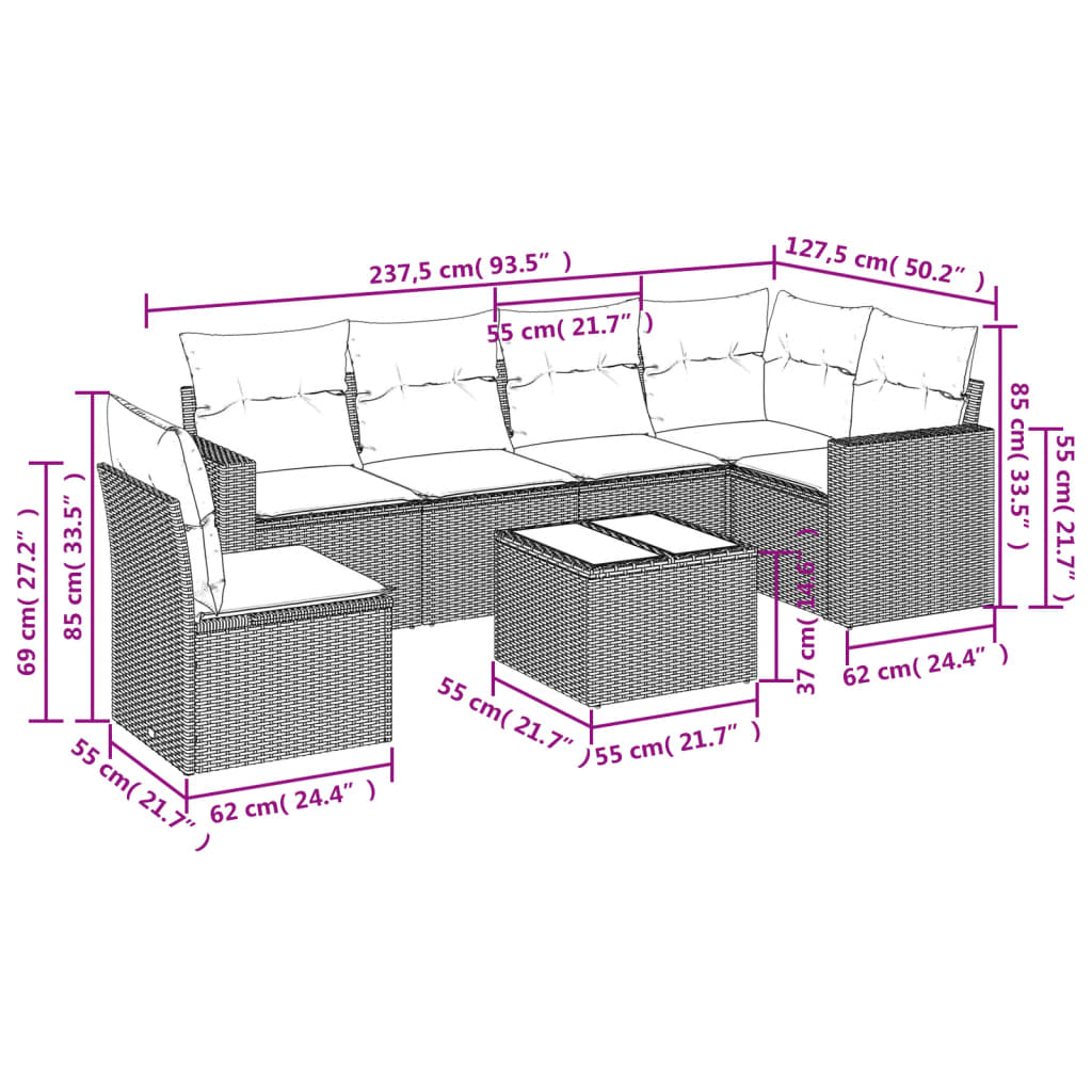 vidaXL 7-delige Loungeset met kussens poly rattan grijs