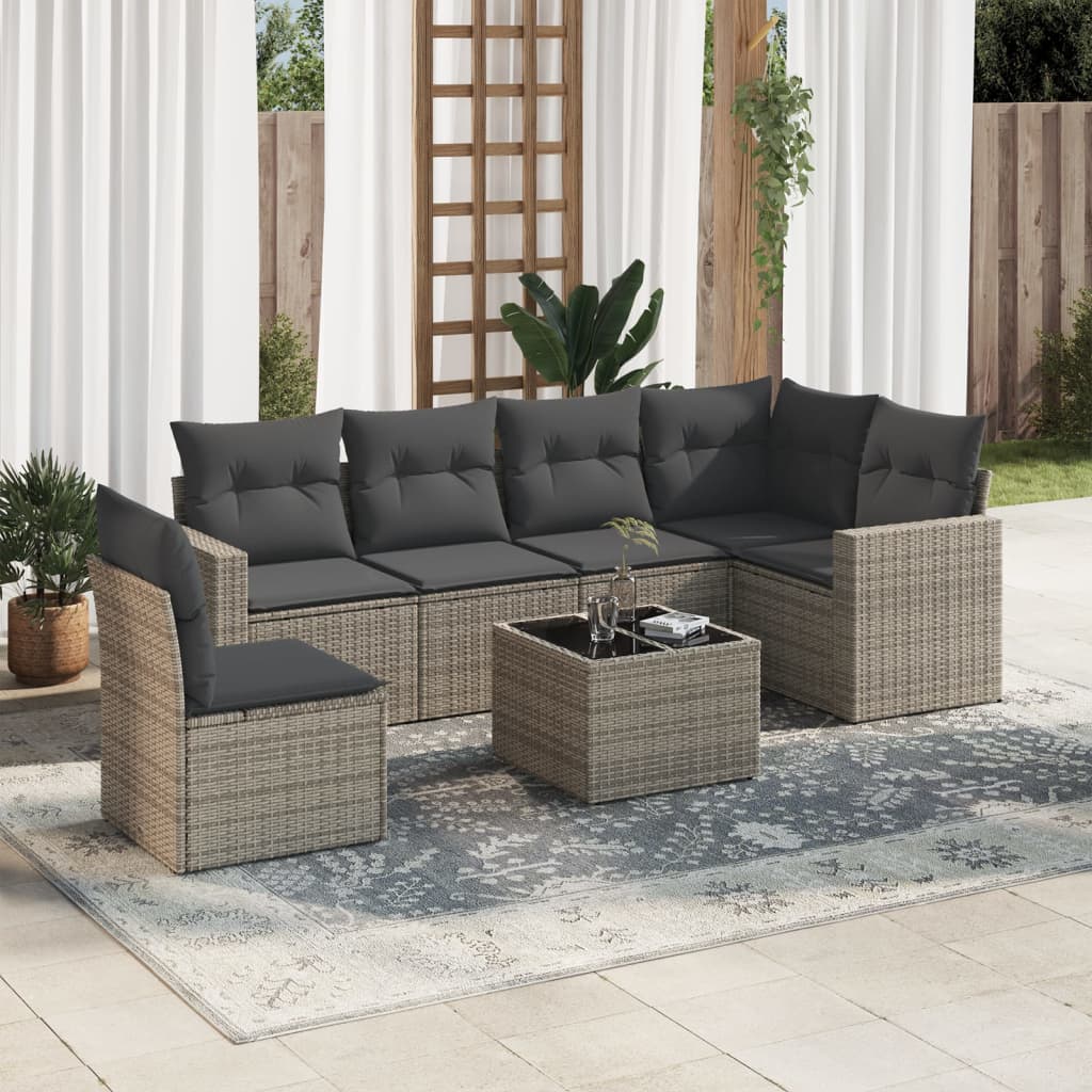 vidaXL 7-tlg. Garten-Sofagarnitur mit Kissen Grau Poly Rattan