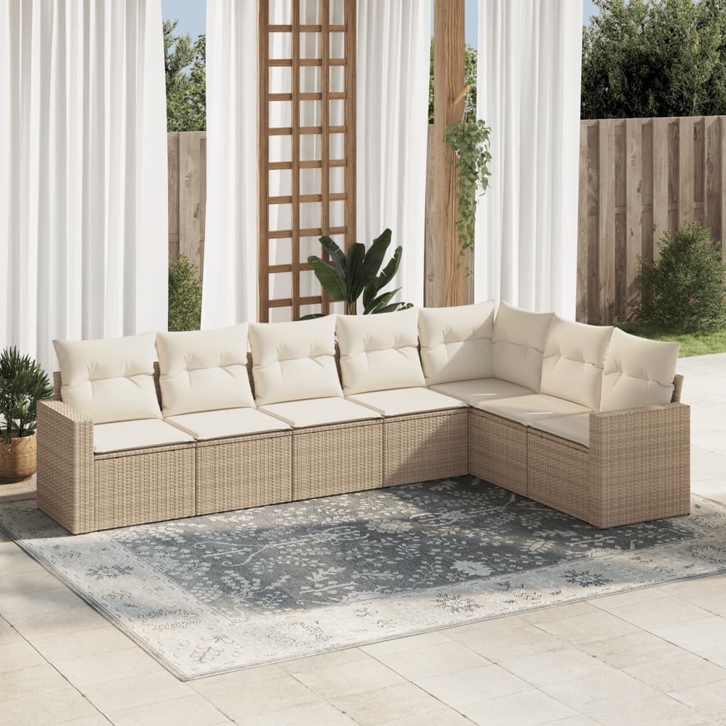 7-tlg. Garten-Sofagarnitur mit Kissen Beige Poly Rattan