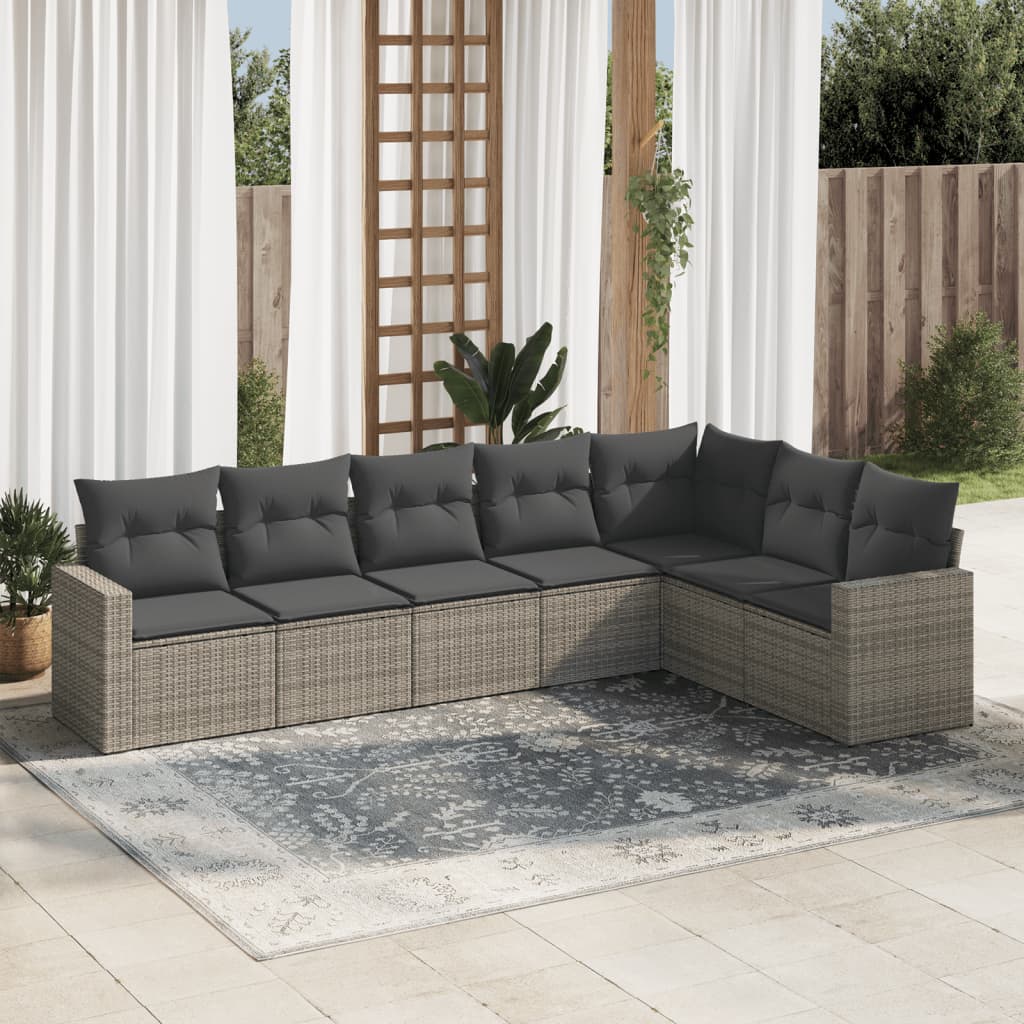 vidaXL 7-tlg. Garten-Sofagarnitur mit Kissen Grau Poly Rattan