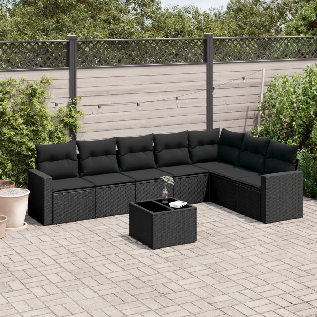 vidaXL 8-tlg. Garten-Sofagarnitur mit Kissen Schwarz Poly Rattan