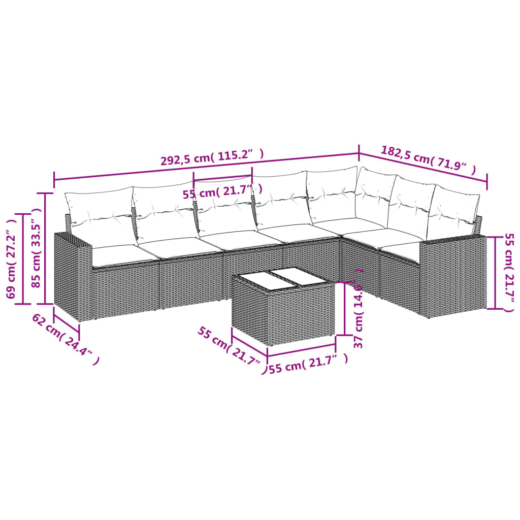 vidaXL 8-delige Loungeset met kussens poly rattan beige afbeelding