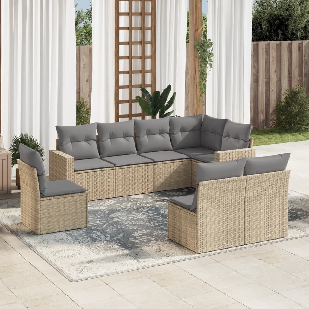 vidaXL 8-tlg. Garten-Sofagarnitur mit Kissen Beige Poly Rattan