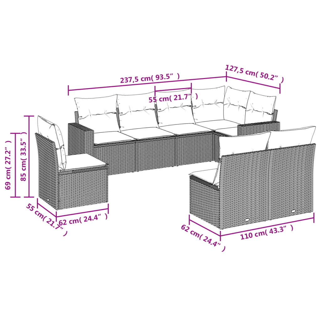 vidaXL 8-delige Loungeset met kussens poly rattan lichtgrijs afbeelding