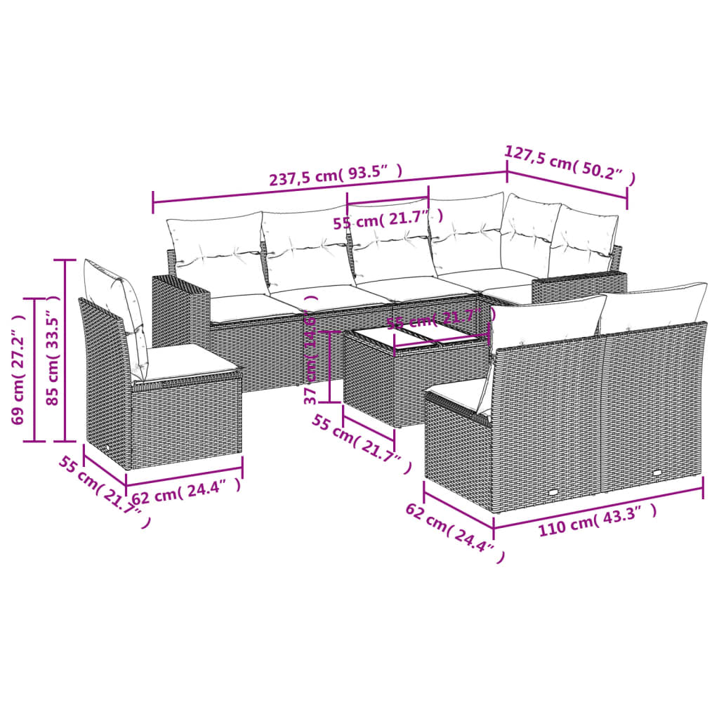 vidaXL 9-delige Loungeset met kussens poly rattan zwart afbeelding