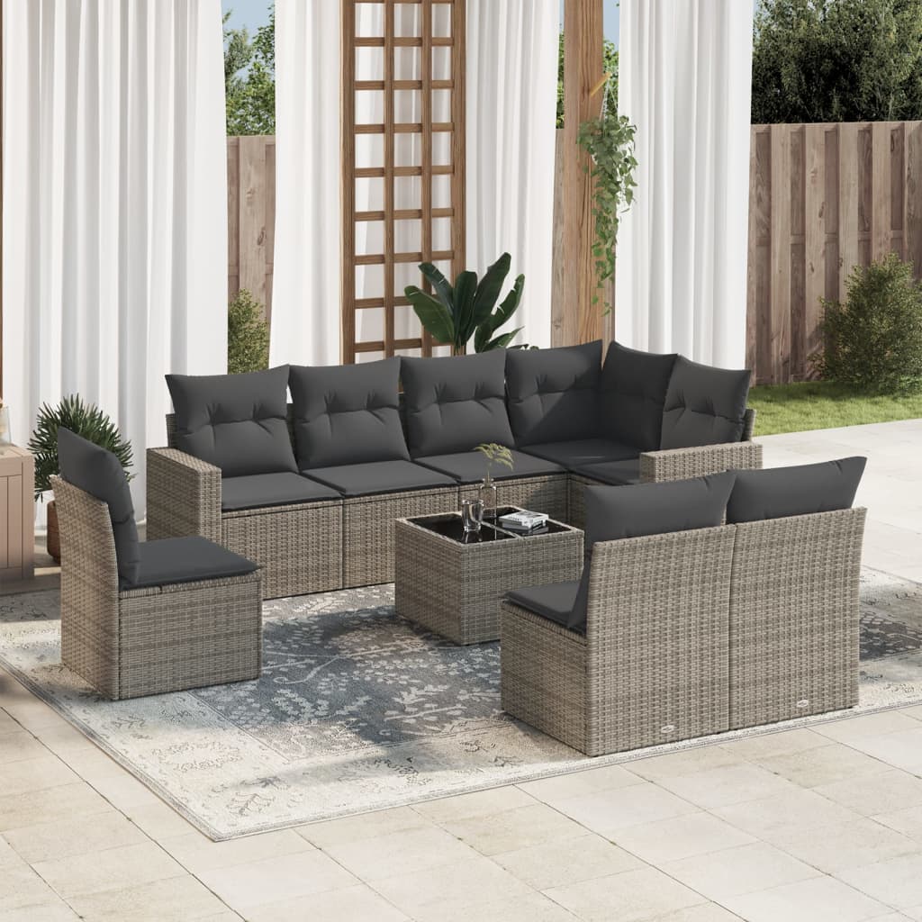 vidaXL 9-tlg. Garten-Sofagarnitur mit Kissen Grau Poly Rattan