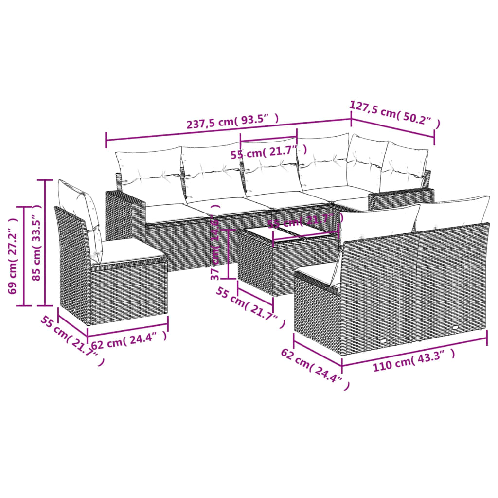 vidaXL 9-delige Loungeset met kussens poly rattan bruin