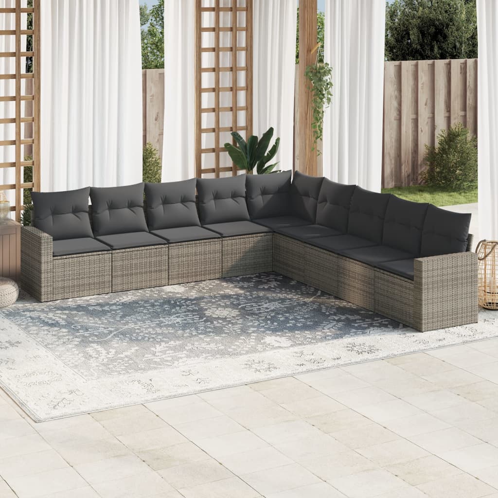 vidaXL 9-tlg. Garten-Sofagarnitur mit Kissen Grau Poly Rattan