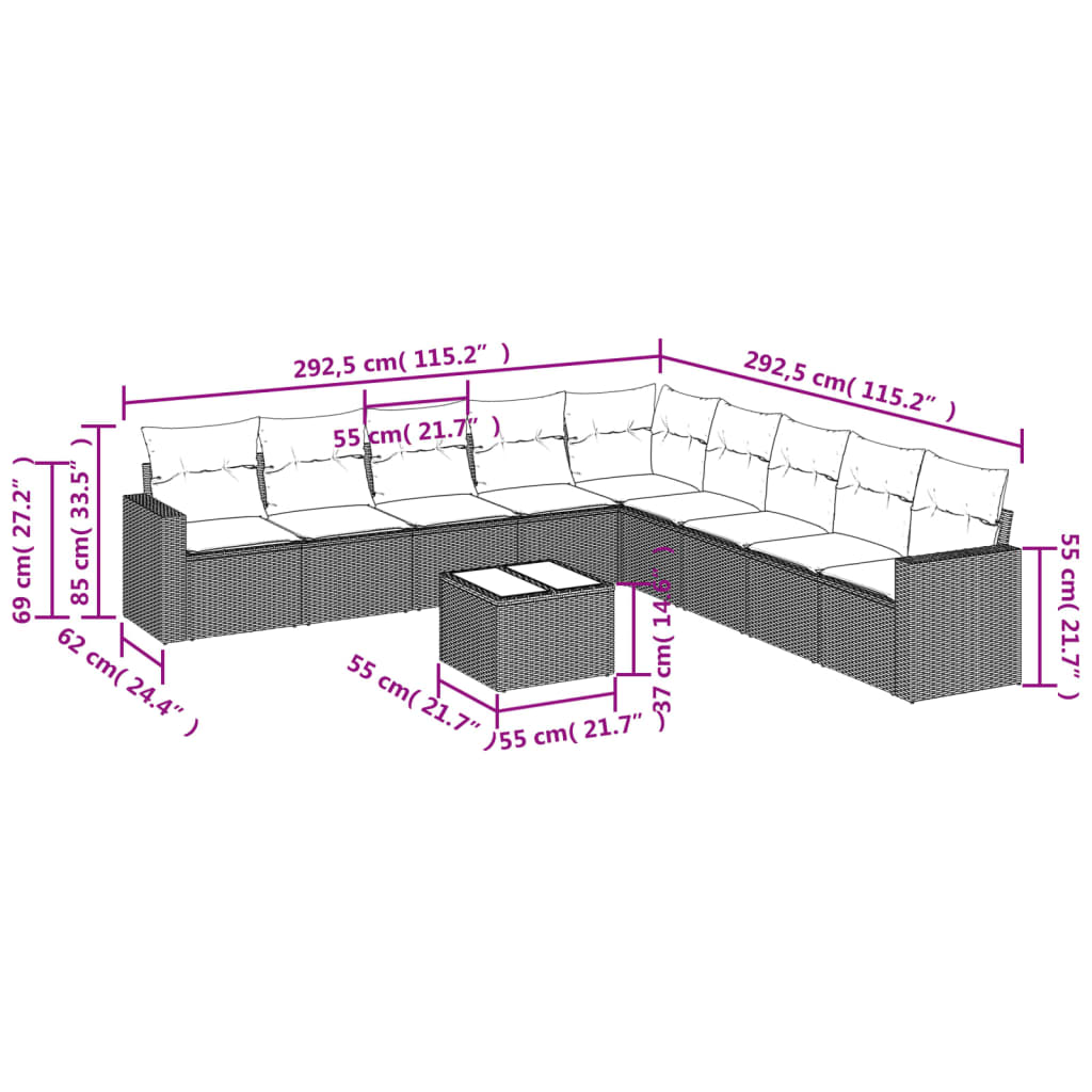 Set mobilier de grădină cu perne, 10 piese, gri, poliratan 3219090 - imagine 3