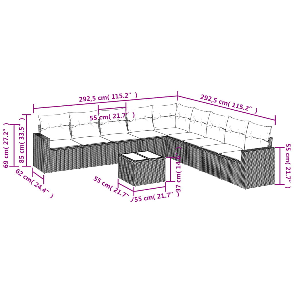 vidaXL 10-delige Loungeset met kussens poly rattan bruin