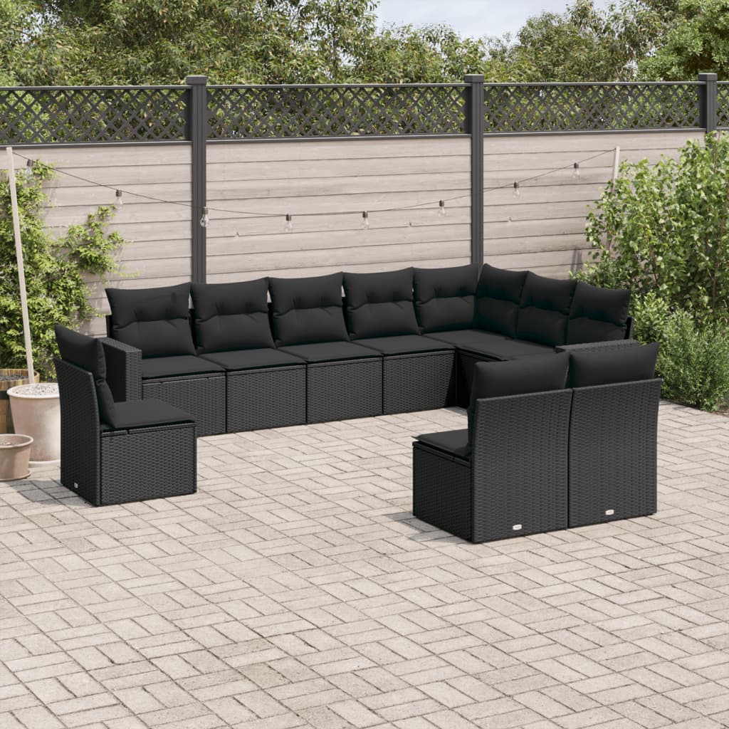 vidaXL 10-tlg. Garten-Sofagarnitur mit Kissen Schwarz Poly Rattan