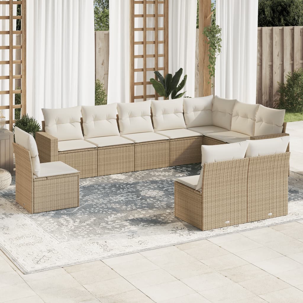 vidaXL 10-tlg. Garten-Sofagarnitur mit Kissen Beige Poly Rattan