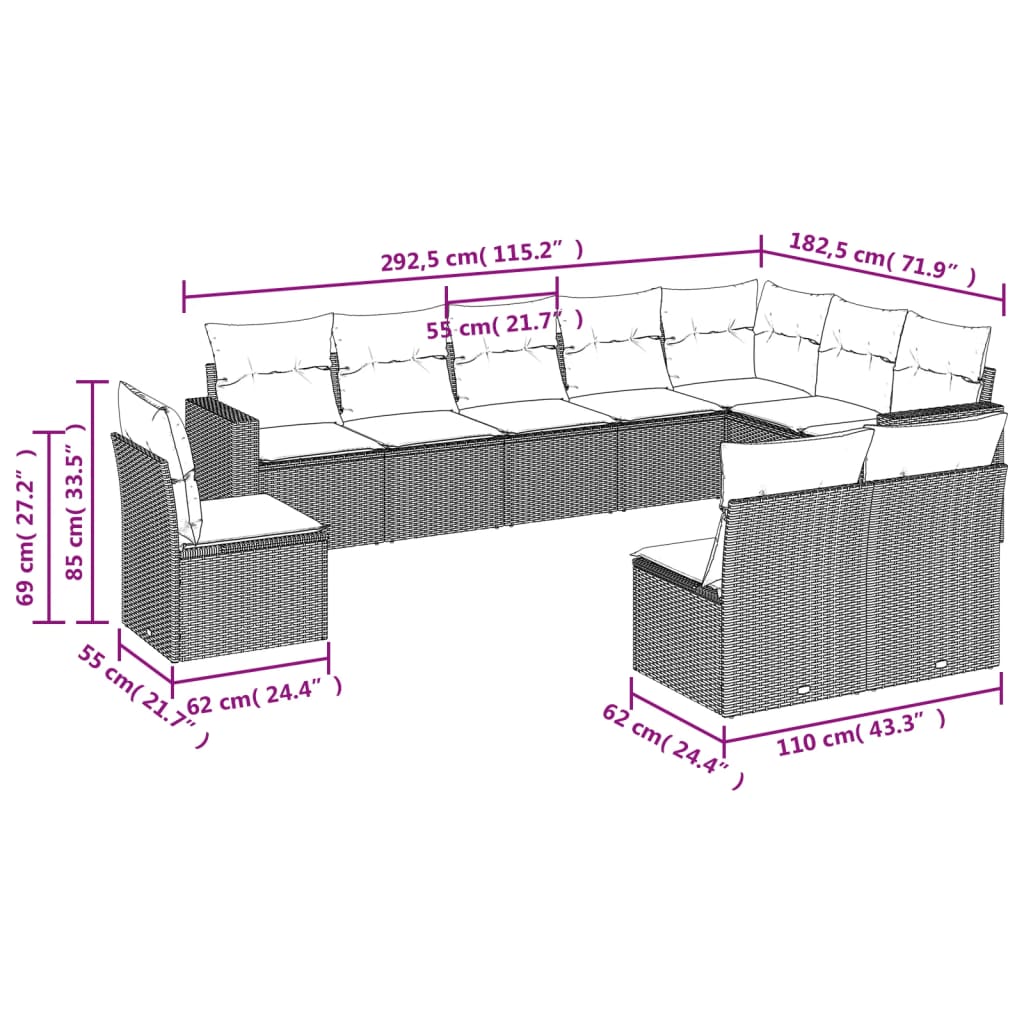 Set mobilier de grădină cu perne, 10 piese, gri, poliratan 3219100 - imagine 3