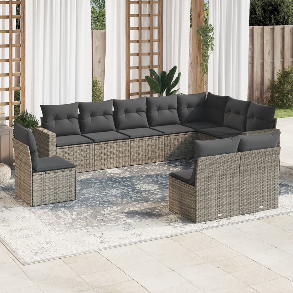 vidaXL 10-tlg. Garten-Sofagarnitur mit Kissen Grau Poly Rattan