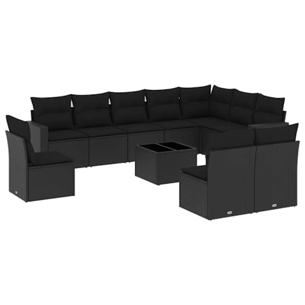 vidaXL 11-osaline aiadiivani komplekt patjadega, must, pol&uuml;rotang