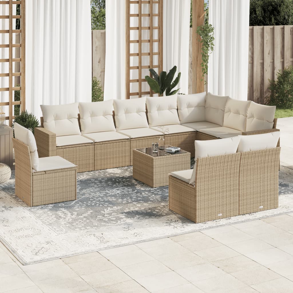 vidaXL 11-tlg. Garten-Sofagarnitur mit Kissen Beige Poly Rattan