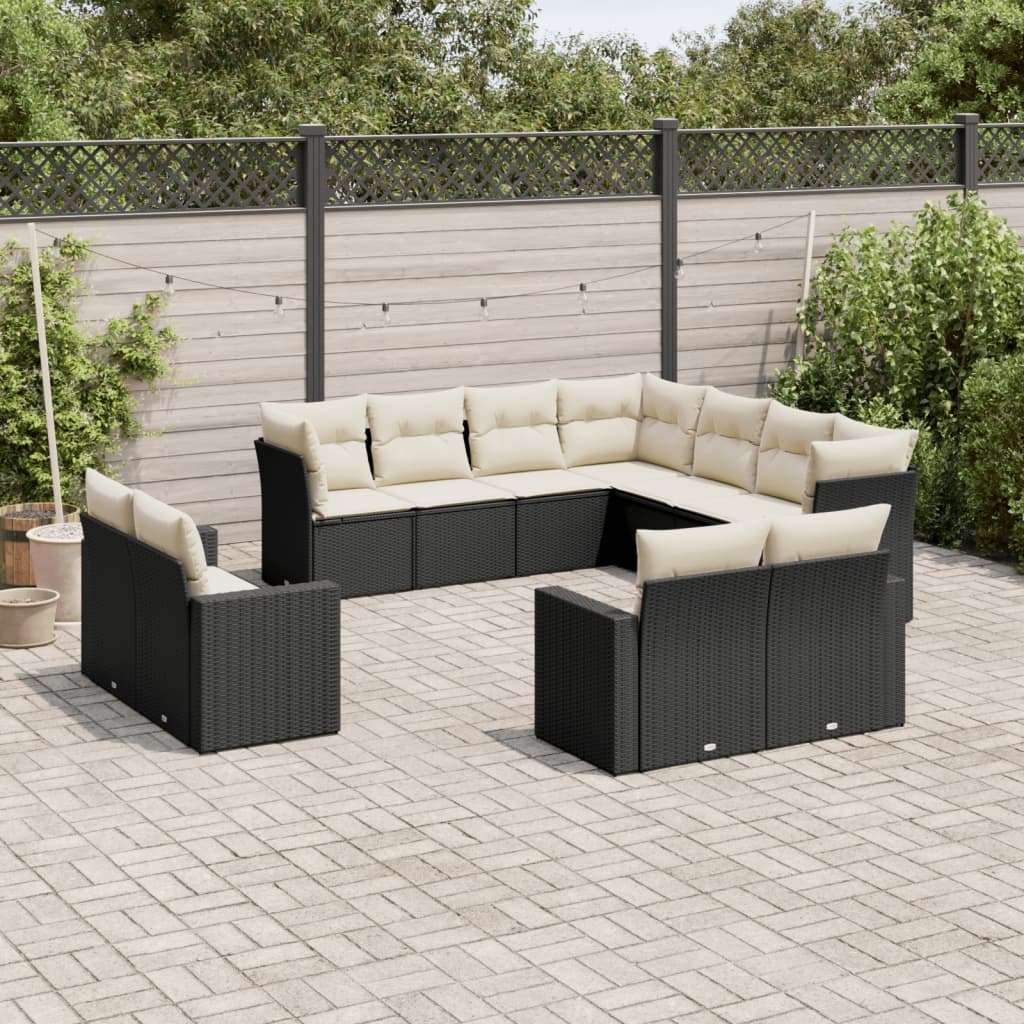 vidaXL 11-tlg. Garten-Sofagarnitur mit Kissen Schwarz Poly Rattan