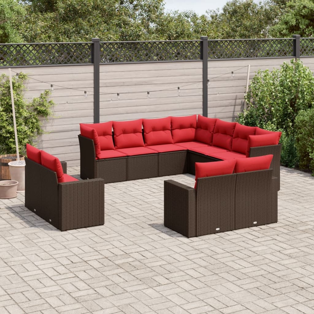11 Piece Patio Sofa Set with Cushions Brown Poly Rattan