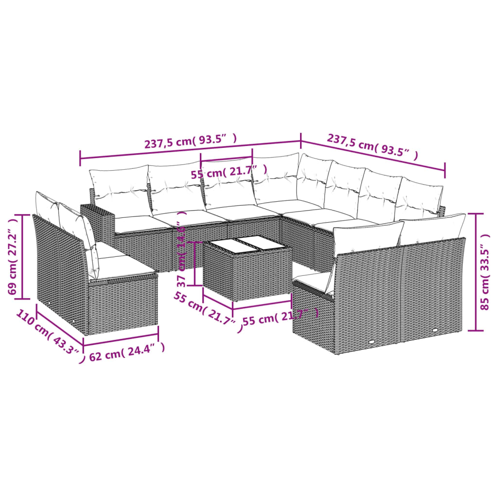 vidaXL 12-delige Loungeset met kussens poly rattan bruin