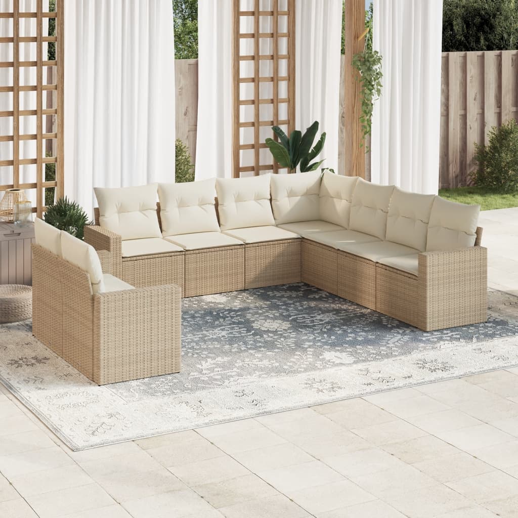 9-tlg. Garten-Sofagarnitur mit Kissen Beige Poly Rattan