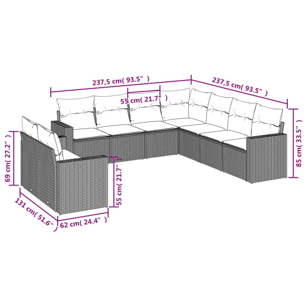 9 Piece Garden Sofa Set with Cushions Grey Poly Rattan 3219140