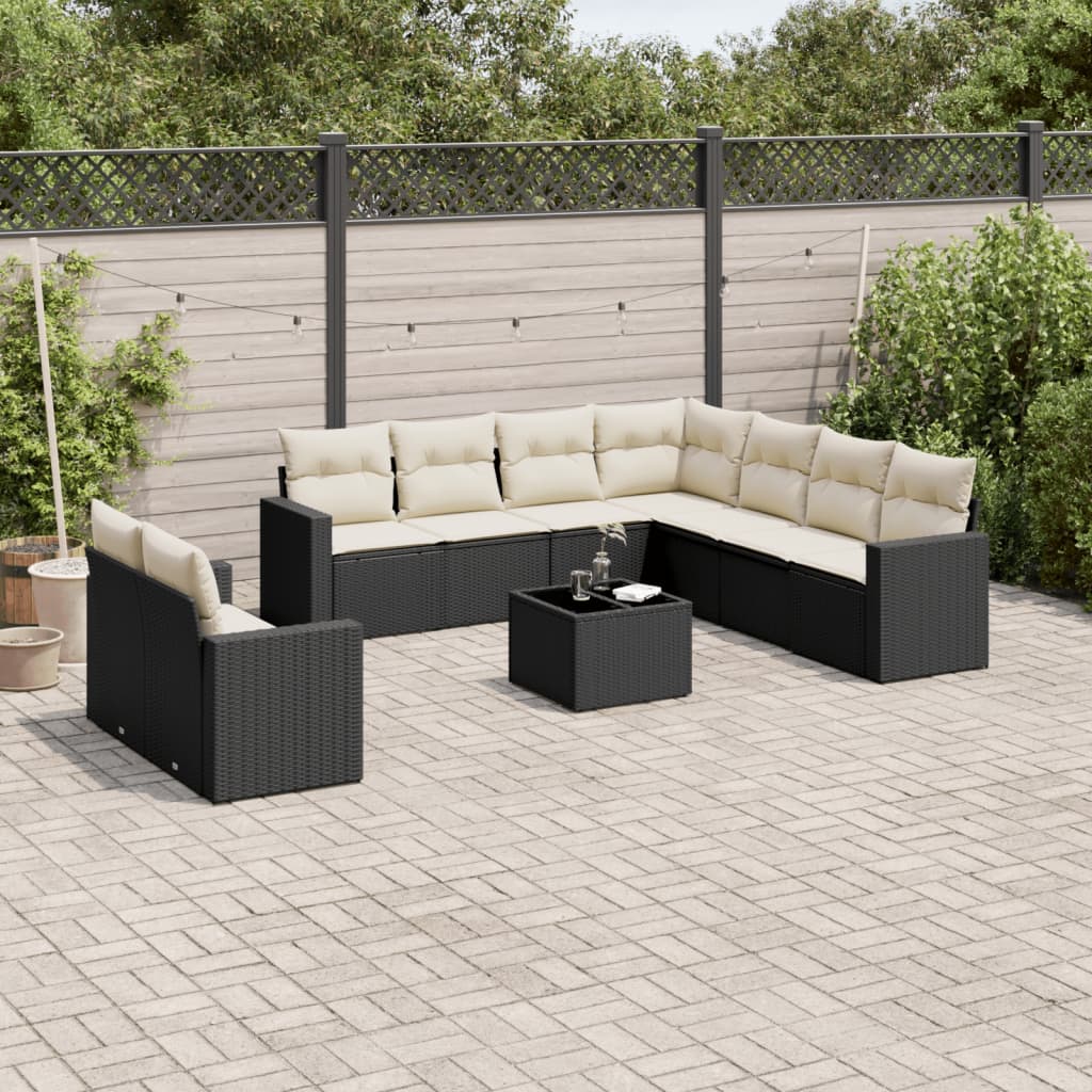 vidaXL 10-tlg. Garten-Sofagarnitur mit Kissen Schwarz Poly Rattan