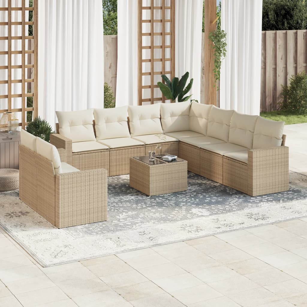 vidaXL 10-tlg. Garten-Sofagarnitur mit Kissen Beige Poly Rattan