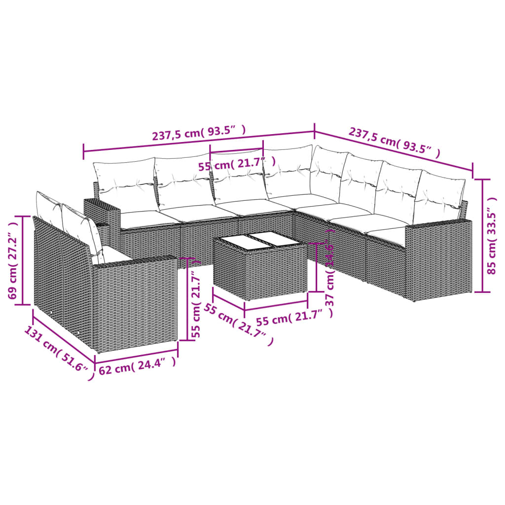 vidaXL 10-delige Loungeset met kussens poly rattan bruin