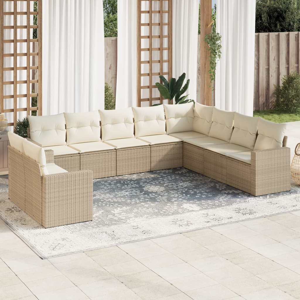 vidaXL 10-tlg. Garten-Sofagarnitur mit Kissen Beige Poly Rattan