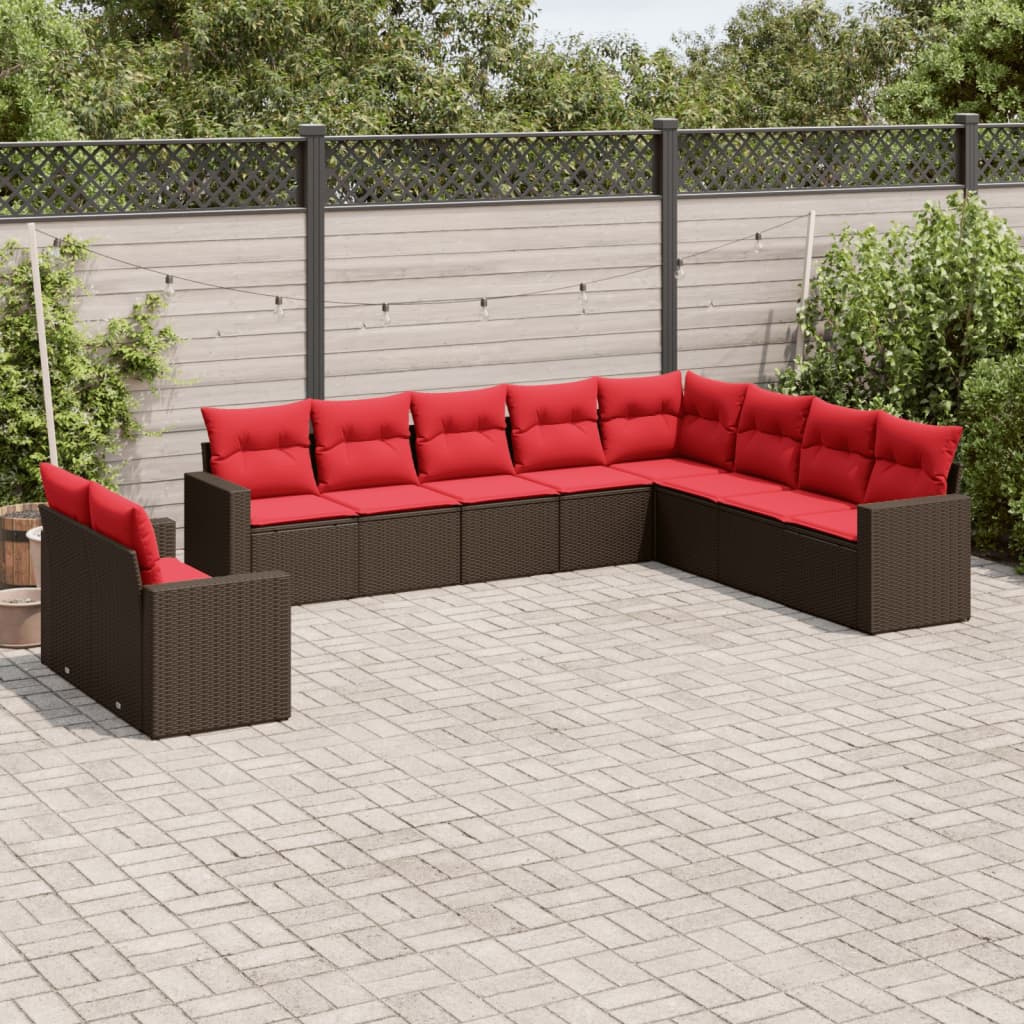 10 Piece Patio Sofa Set with Cushions Brown Poly Rattan
