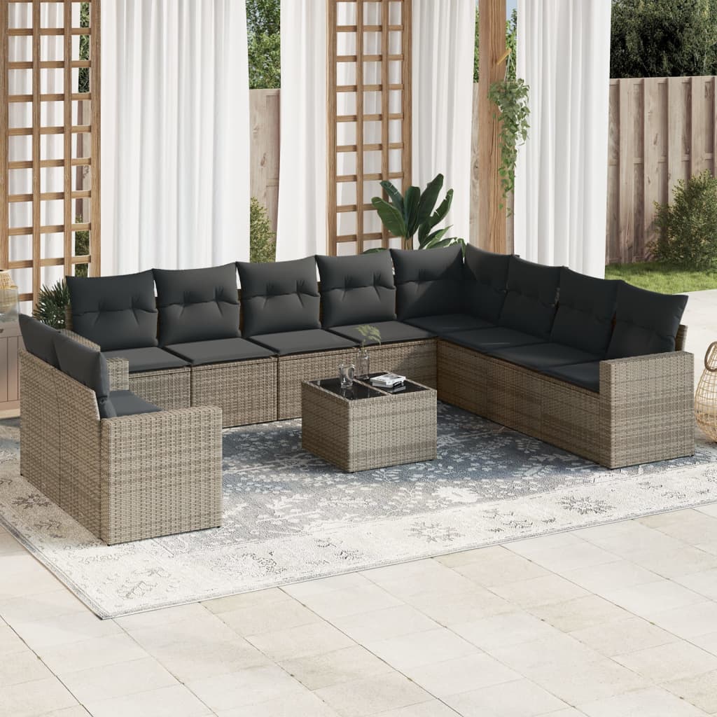 vidaXL 11-tlg. Garten-Sofagarnitur mit Kissen Grau Poly Rattan