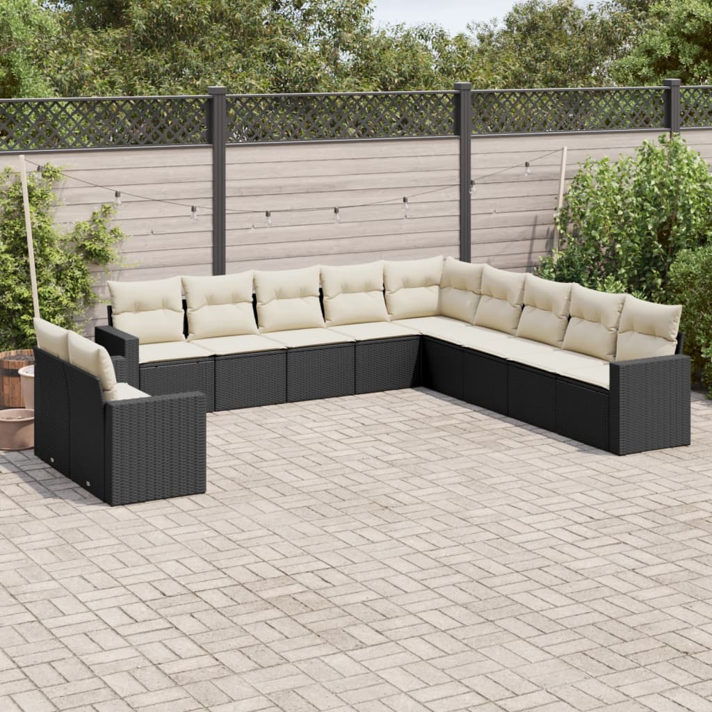 vidaXL 11-tlg. Garten-Sofagarnitur mit Kissen Schwarz Poly Rattan