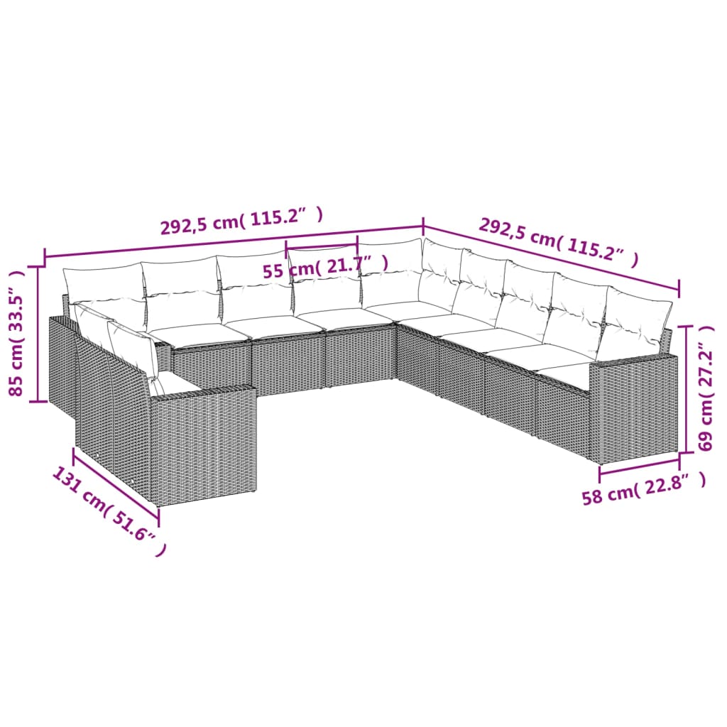 vidaXL 11-delige Tuinset met kussens poly rattan beige