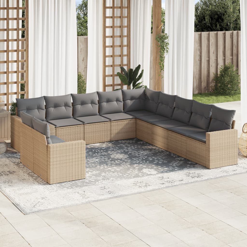 vidaXL 11-tlg. Garten-Sofagarnitur mit Kissen Beige Poly Rattan