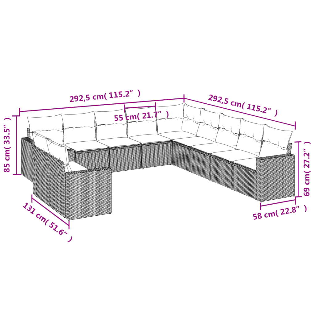 Set canapele de grădină cu perne, 11 piese, gri, poliratan 3219180 - imagine 3