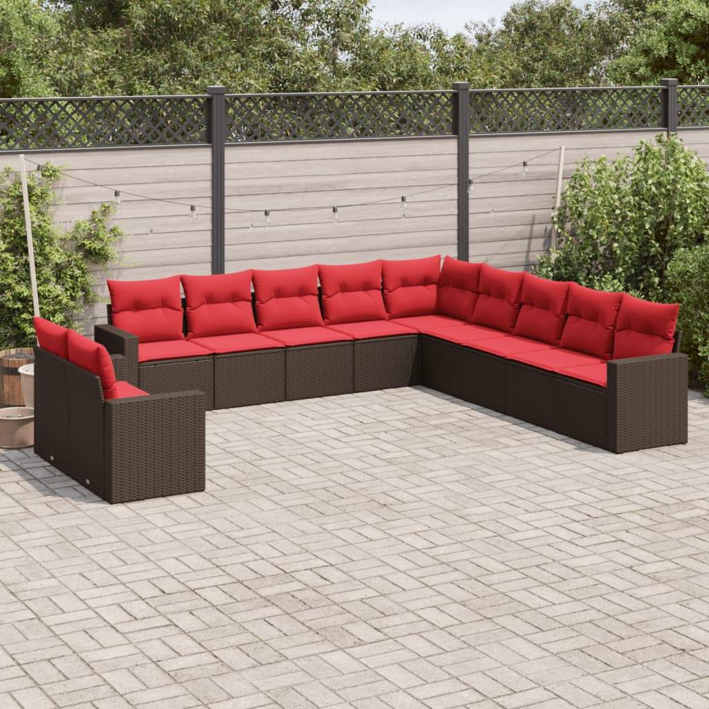 11 Piece Patio Sofa Set with Cushions Brown Poly Rattan
