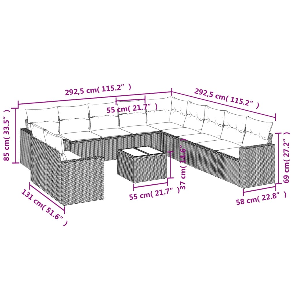vidaXL 12-delige Loungeset met kussens poly rattan beige afbeelding