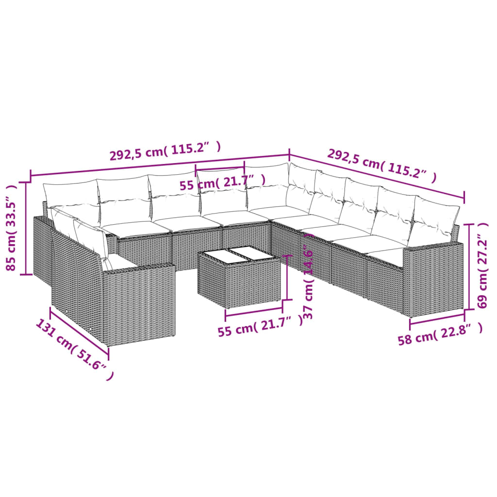 vidaXL 12-delige Loungeset met kussens poly rattan bruin