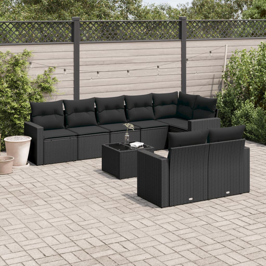 vidaXL 9-tlg. Garten-Sofagarnitur mit Kissen Schwarz Poly Rattan